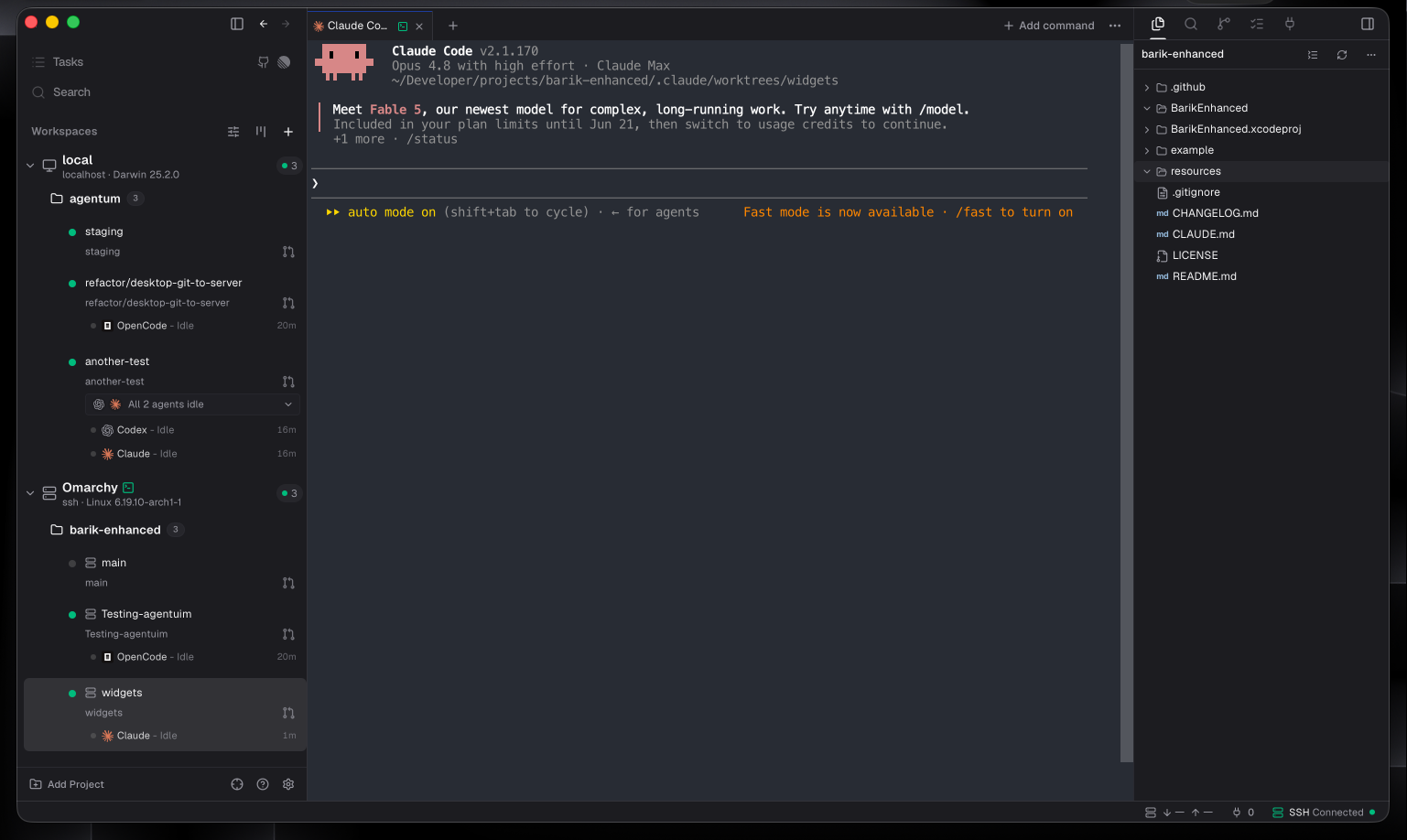 The Agentum desktop app — workspaces, sessions, and a live agent terminal.